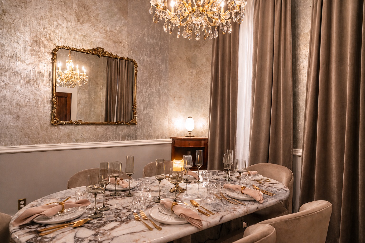 The dining room at a three-quarter angle, marble table set for the evening, gilt mirror reflecting a second chandelier