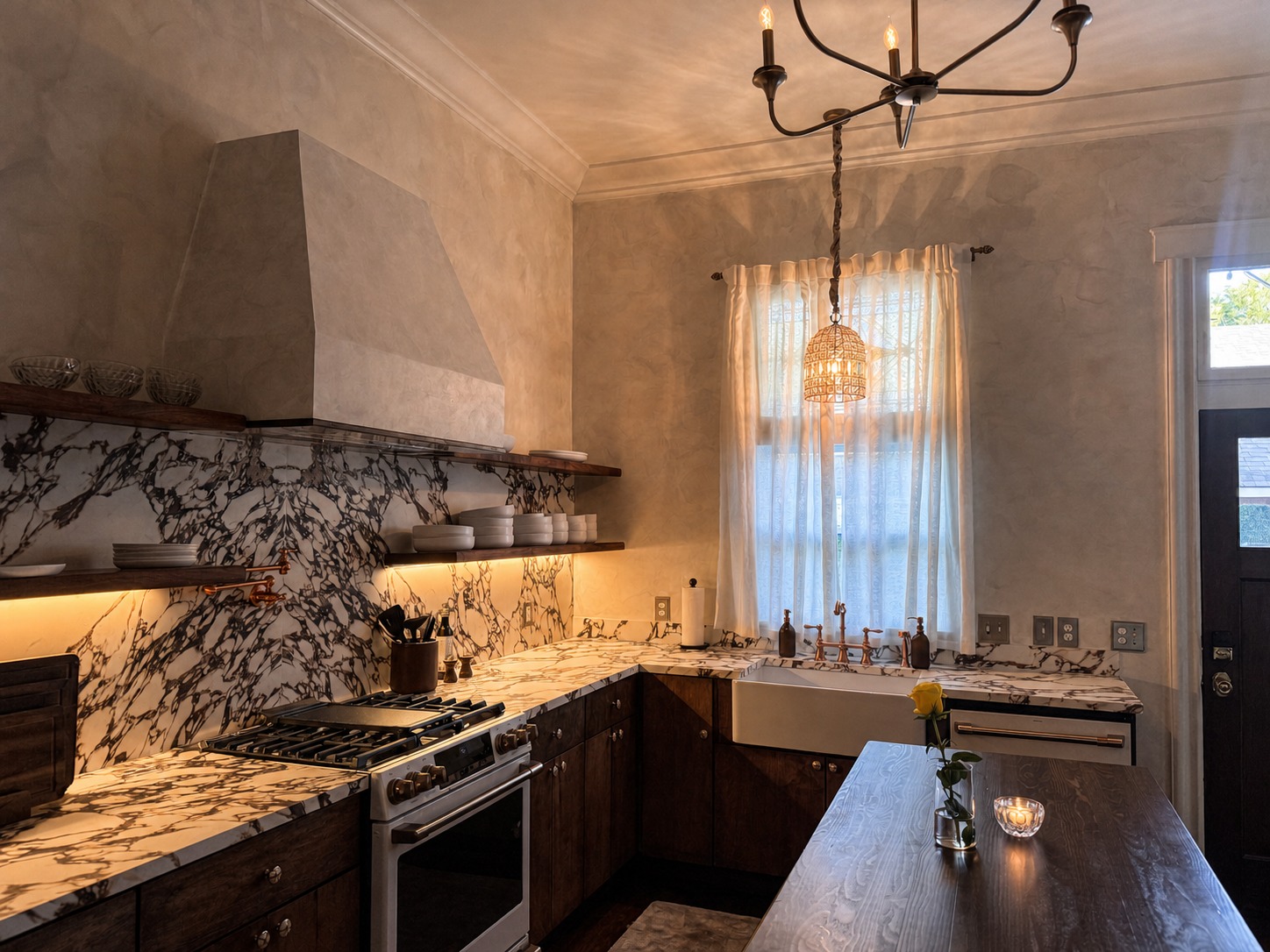 The kitchen in morning light, daylight through the window and side door, marble countertop and open shelving