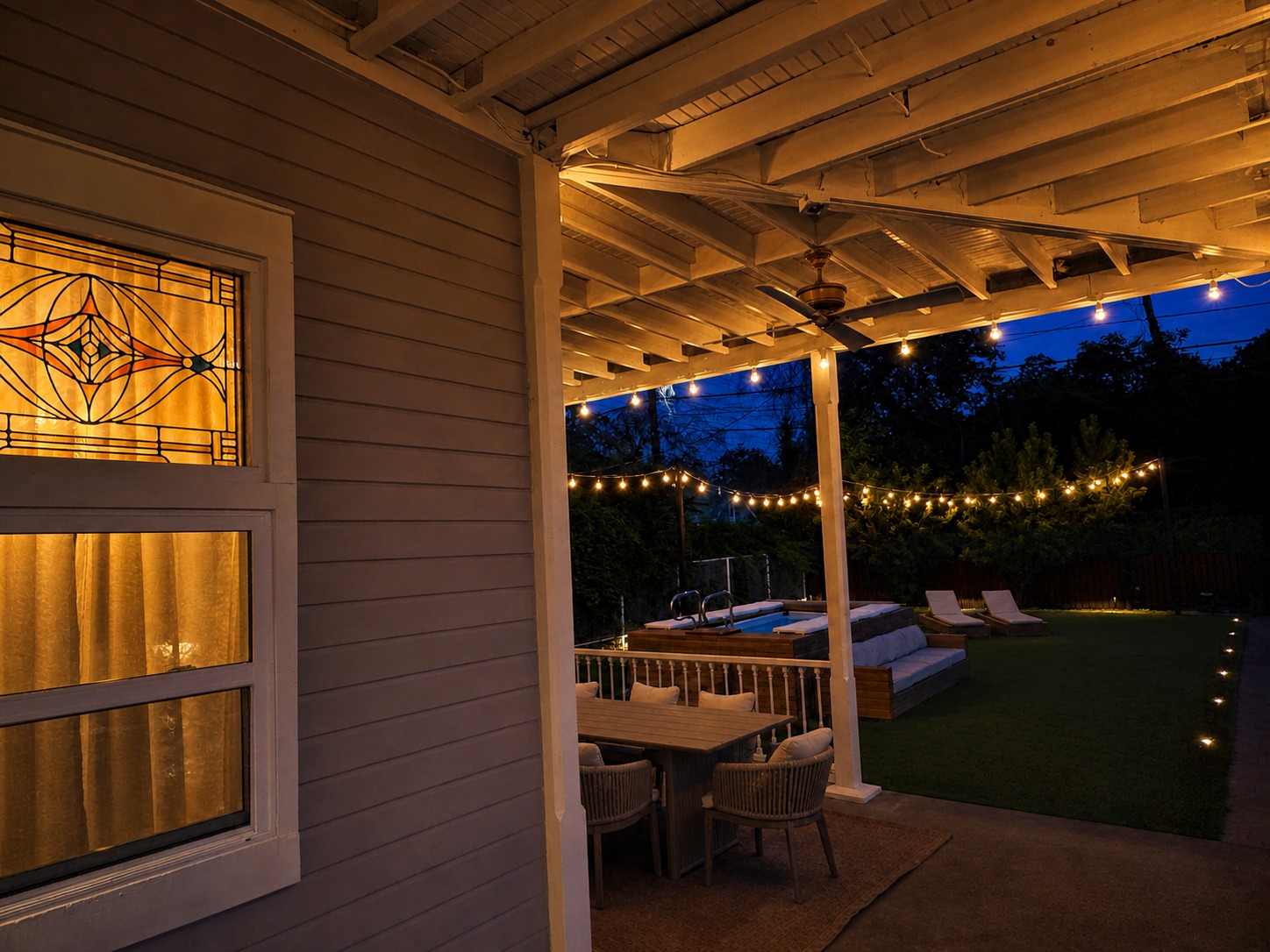 Looking out from beneath the covered patio, past the stained-glass window, to the dining table, pool, and lounge seating beyond at dusk