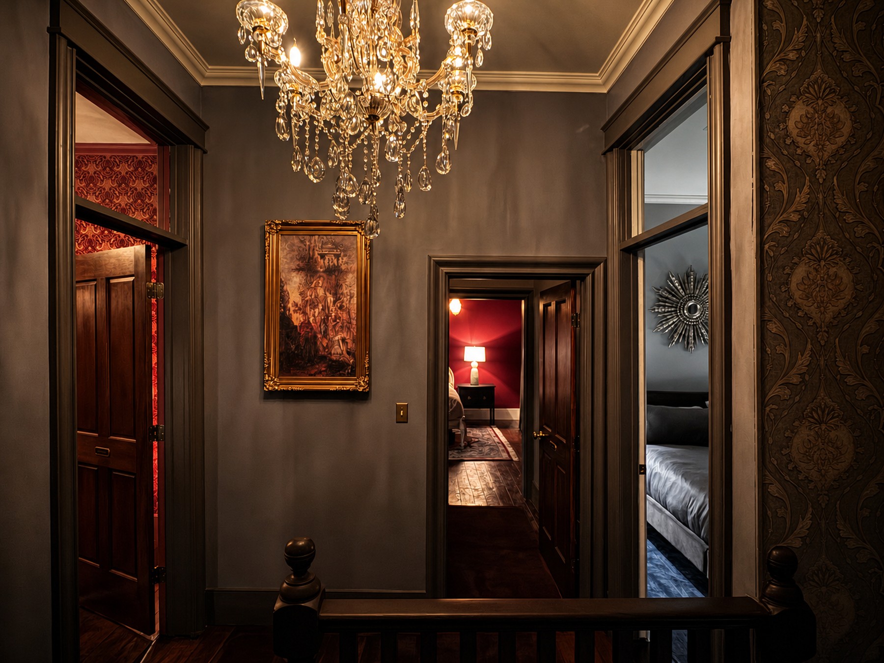 The upstairs landing, chandelier lit, three doorways opening beyond